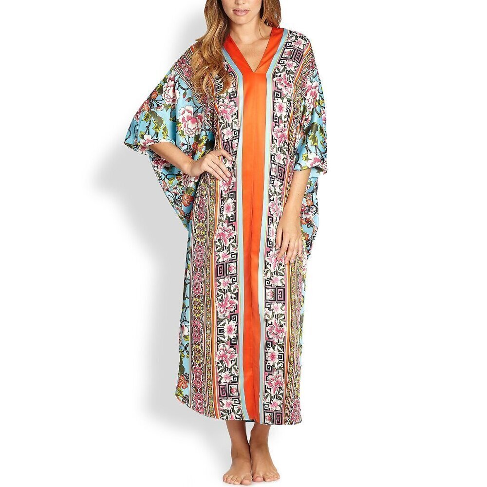 Natori Caftan Floral Lounge Gown Women's Large Vibrant Colorful Breezy V-Neck